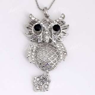 Silver Plated Animal Owl Crystal Bead Pendant Fit Chain  