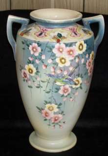 Antique Hand Painted Nippon Vase w/ Bird Flowers Moriage Handled 11 3 