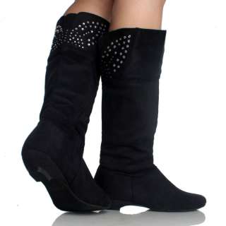 Black Flat Boots Mid Calf Rhinestone Faux Suede Fashion Womens Shoes 