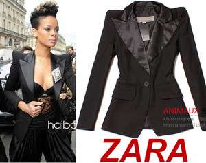 ZARA Women POWER Shoulder Satin Collar Boyfriend Blazer Jacket sz S M 