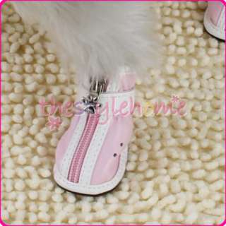 Pink Cozy Leather Dog Puppy Zipper Boots Apparel Shoes  