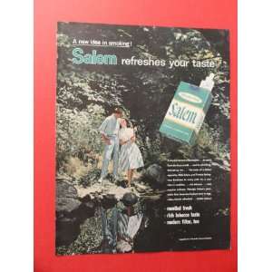 Salem cigarettes.,1959 print advertisement (man/woman/woods/water 