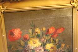 Vintage Oil Painting Fresh Floral Bouquet Orange Yellow Reds Gilt Wood 