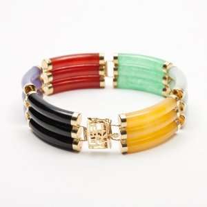  Multicolor Jade 3 Row Tube Link Bracelet with 14K Yellow 