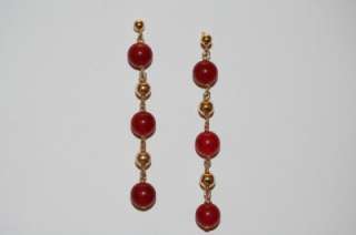 14k gold natural Red Jade fancy drop dangle earrings  