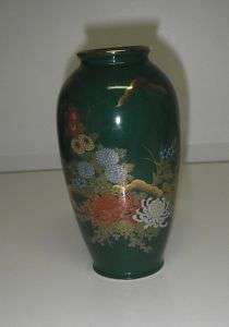 VASE Japan Oriental Floral Gold Accent Green 6 Marked  