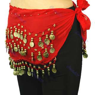 Chiffon 3 Row Belly Dance Hip Scarf Coin Belt Skirt Red  
