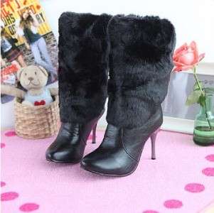 White Womens Faux Fur Mid Calf PU Leather Boots Heels Boots  