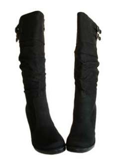 Stylish Slouchy Buckle Detail Knee High Wedge Boots Black Tuck in 
