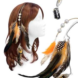 Feather Beaded Hair Extension Mini Hair Clip Comb Leather Cord Orange 