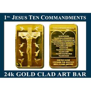 TROY OZ JESUS TEN COMMANDMENTS GOLD CLAD 24k ART BAR ★ WIN NOW 
