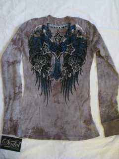 NWT Sinful by Affliction Womens Silver Cloud Thermal Shirt Tee S M L 