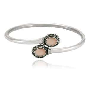   Silver Marcasite and Pink Shell Bypass Bangle Bracelet Jewelry