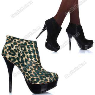   Lady Shoes Platform High Heels Pump Ankle Booties Black/Leopard  