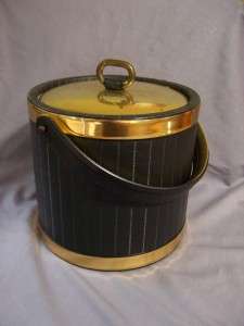   Ice Bucket Insulated Black Faux Leather Gold Kraftware USA w ice tongs