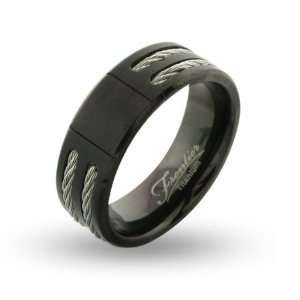 Mens Wide Black Titanium Signet Ring with Double Cable Inlay Size 10 