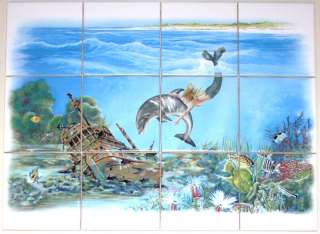 Mermaid Ceramic Tile Mural Dolphin Treasure Ship Backsplash 12pcs 