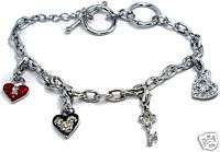 Mickey Siam Heart Key 4 Charm Pendant Toggle Bracelet  