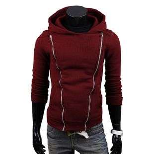   Fashion Double Zipper Thicken Hooded Sweater Coat Wine 3225  