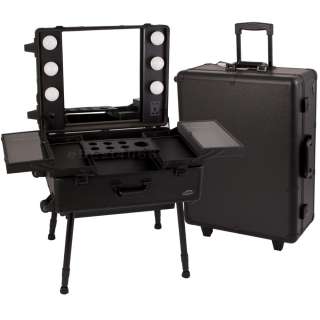 ALL BLACK STUDIO ROLLING MAKEUP TRAIN CASE WITH LED LIGHTS C611 4 LEGS 