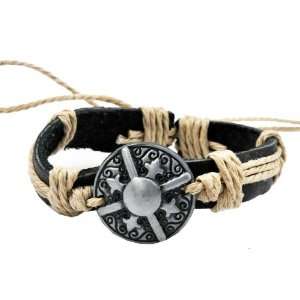   Leather Light Brown Hemp Metal Shield Leather Bracelet, #93 Jewelry