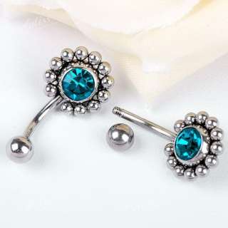14g Stainless Steel Blue Crystal Sun Belly Navel Ring  