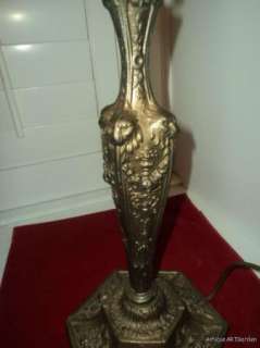   Deco Metal Table Lamp w/ LIONs Heads & Roses Original Patina  