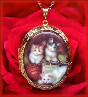 CAT PORCELAIN 3 CATS (KITTENS) CAMEO LOCKET/NECKLACE  