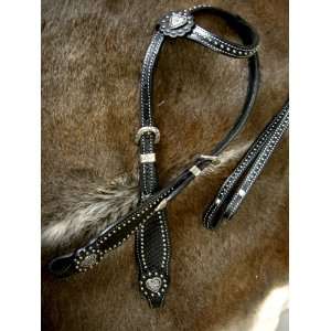   BRIDLE WESTERN LEATHER HEADSTALL CLEAR STONES BLACK 