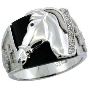  Sterling Silver Mens Black Onyx Horse Ring w/ CZ Stones 