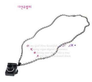 Alloy long chain black/silver camera Pendants with crystals  