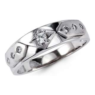 14K Solid White Gold Round CZ Mens Wedding Ring Band  
