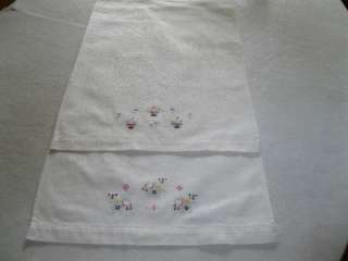 TWO VINTAGE BEIGE COTTON EMBROIDERED TOWELS 13 X 19  