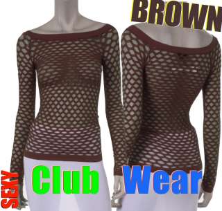 New Brown Sexy Fishnet Top Long Sleeve Shirt Club Wear  