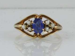   VICTORIAN 10K GOLD SEED PEARL BLUE STONE VICTORIAN RING ORNATE  