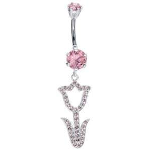   Sterling Silver Pink CZ Tulip Flower Belly Button Ring Dangle Jewelry
