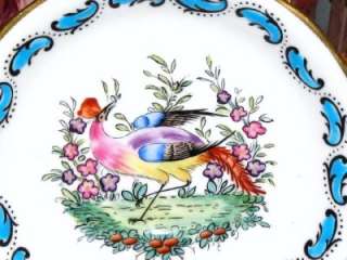  CHELSEA BIRDS TURQUOISE HAND PAINTED ENAMEL TEA CUP AND SAUCER  