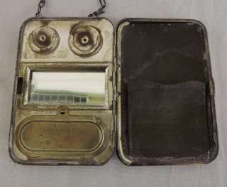 Antique Rare Compact Wallet Mirror Silver Tone Chain Engraved Vintage 