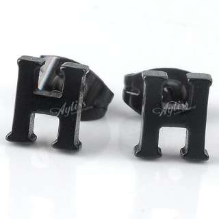   Letters A To Z Black Stainless Steel Ear Stud Mens Earring Cool