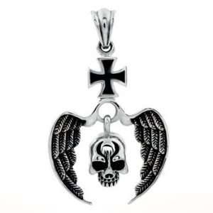  Sterling Silver German Cross & Skull with Wings Pendant 