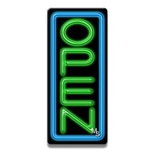   Vertical Neon Open Sign   Blue Border & Green Letters