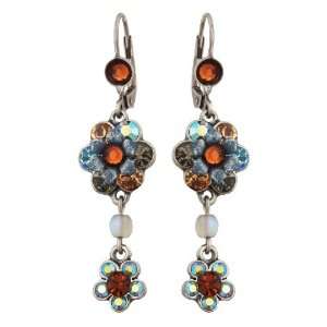 Michal Negrin Earrings with Hand Painted Flowers, Beads, Brown, Grey 