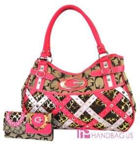 Signature G Jacquard Stripe Tote Handbag Bag SET Pink  