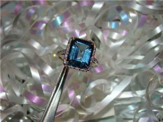 10K YG Emerald Cut Large London Blue Topaz Diamonds Ring, Size 7 
