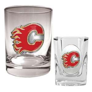  Calgary Flames Rocks Glass and Shot Glass Set Sports 