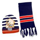   Hat Cap Scarf Set with Stripes and Embroidered Cartoon Bear   Blue