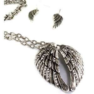 Gorgeous Crux Large Double Angel Wings Necklace and Matching Earrings 