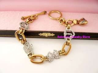 Auth Juicy Couture Goldtone Pave Luxury Heart Charm Bow Crown Bracelet 