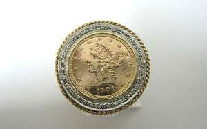 STUNNING 1901 $5 Liberty Coin 14k Gold Diamond Ring  
