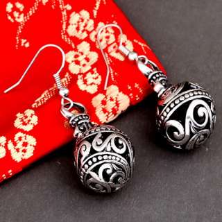 charming Tibet silver mesh big ball carve flower earring